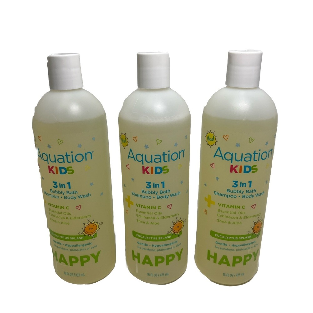 (3) Aquation Kids 3 in 1 HAPPY Bubbly Bath, Shampoo & Body Wash 16 Oz Eucalyptus